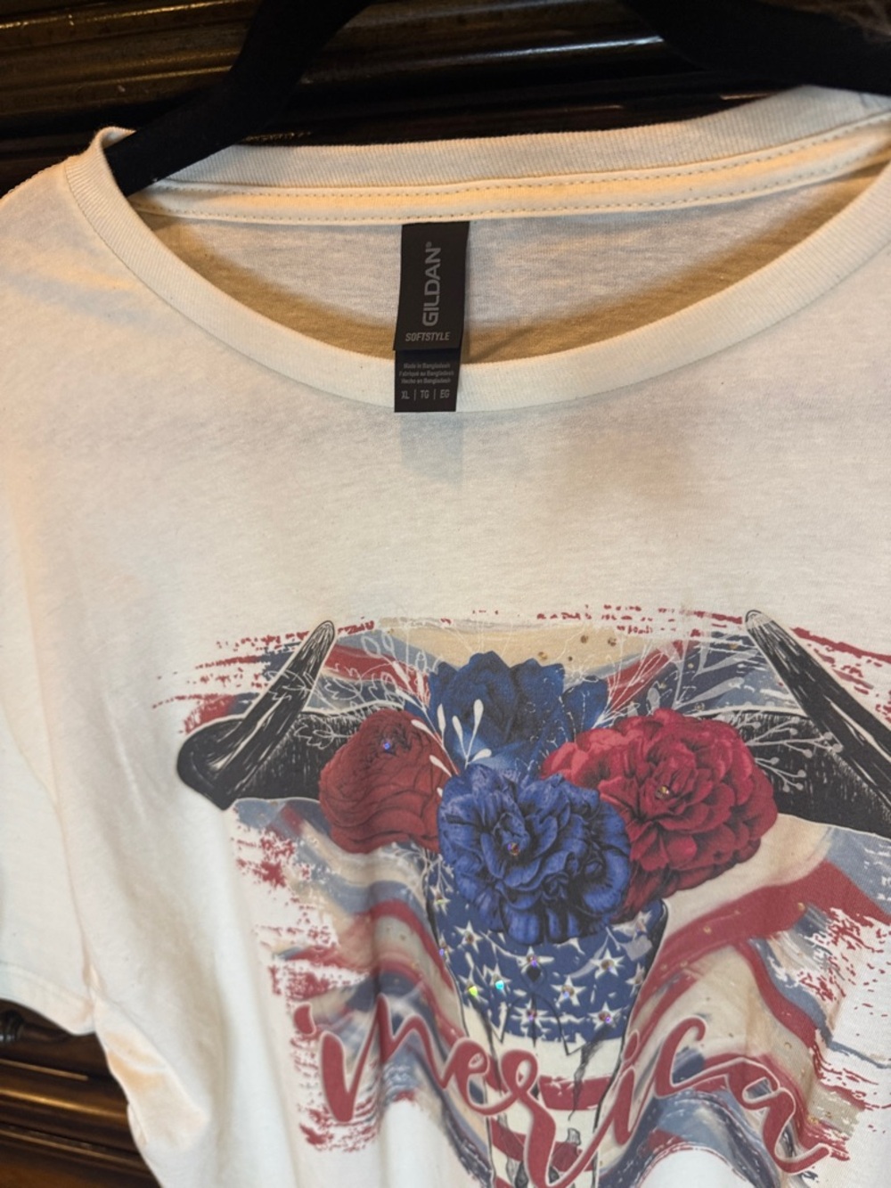 White Graphic 'Merica' Tee with Patriotic Skull and Flowers and Bling. - Picture 3 of 3